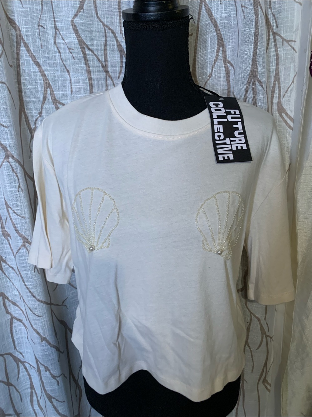 Future Collective Embellished Cream Tee with Scallop Detail